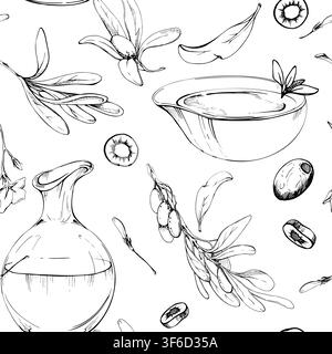 Seamless pattern of liquid oil, drink vessels, dip ceramic bowl, botanical olive elements. Hand drawn pencil artwork. Gourmet branding, kitchen Stock Vector