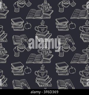 Line art tea cup standing on stack of books and hands holding mugs black and white seamless pattern. Cozy reading time repeat background Stock Vector