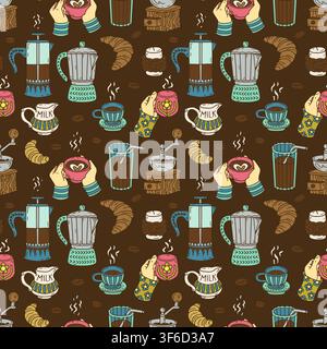 Coffee making utensils hand drawn seamless pattern. Hot morning beverage line art wallpaper Stock Vector