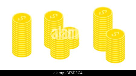 Isometric American gold coins stacked in a pile. Isolated cartoon vector on white background top view Stock Vector
