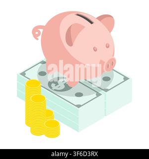 Isometric ceramic piggy bank sits on a stack of American dollars. Isolated cartoon vector concept on white background top view Stock Vector