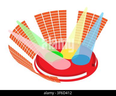 Isometric Circus arena surrounded by rows of spectator seats in the rays of multi colored spotlights. Realistic 3D vector concept isolated on white ba Stock Vector