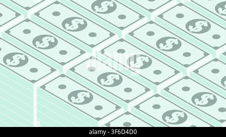 Isometric green US dollar cash stacks laid out in neat rows. Backdrop for advertising of banking services. 3D vector background top view at an angle Stock Vector