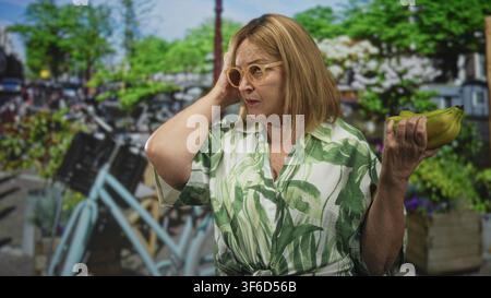 Hispanic senior woman holding bananas in one hand while scratching her head with the other on a busy street lined with bicycles and flower planters; c Stock Photo