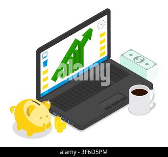 Isometric open laptop with a capital growth chart and a golden piggy bank sits on a desk in a financial trader workspace. Realistic 3D vector concept Stock Vector
