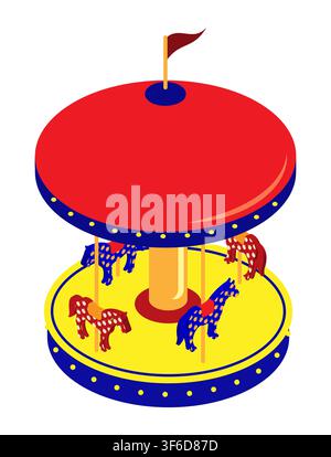 Isometric toy horses on a moving platform at an amusement park. 3D vector isolated on white background Stock Vector