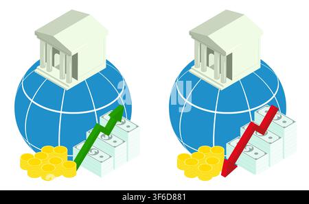 Isometric world bank at top of global financial system, surrounded by rising and falling money supply. Isolated cartoon vector on white background top Stock Vector