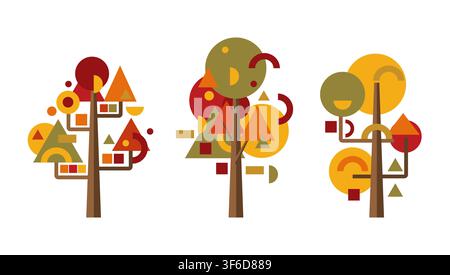 Highly Decorative Mosaic Patterned Geometric Autumn Trees Graphic Element Set Stock Vector