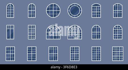 Slate Blue Background Arched and Grid Pane Window Icon Set Vector Illustration Stock Vector