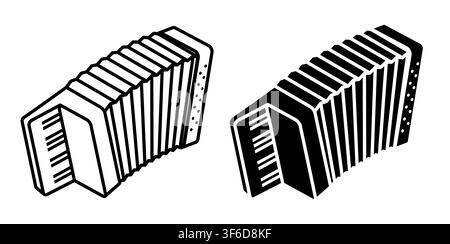Linear icon, isometric accordion keyboard musical instrument based on movement of air inside an accordion shaped device. Simple black and white top vi Stock Vector