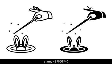 Line icon. Illusionist hand with a magic wand doing a trick with a hare appearing from a hat. Simple black and white vector isolated on white backgrou Stock Vector