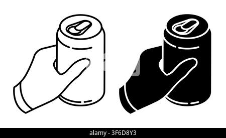Linear icon, Isometric hand opens aluminum soda drink. Storing cocktails and soda in jar. Simple black and white vector isolated on white background Stock Vector