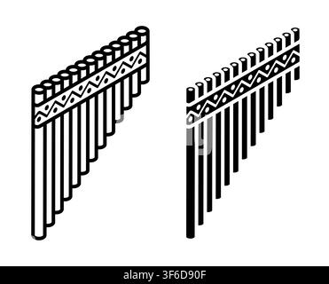 Linear icon, isometric Peruvian wind flute national musical instrument made of a series of wooden tubes of different tones. Simple black and white top Stock Vector
