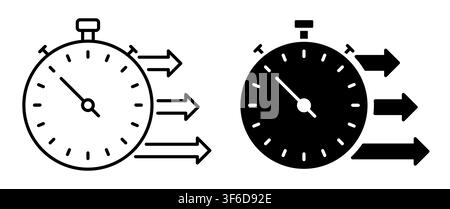 Linear icon. Arrows point forward, indicating rapid movement towards progress, against a stopwatch in back. Simple vector isolated on white background Stock Vector