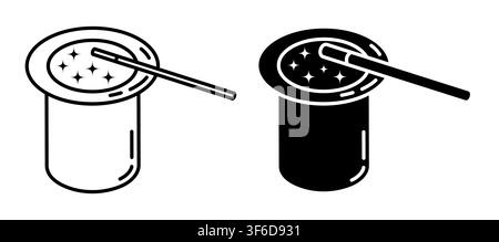 Linear icon, isometric magic wand doing magic in magician hat aerial view. Simple black and white top view vector isolated on white background Stock Vector