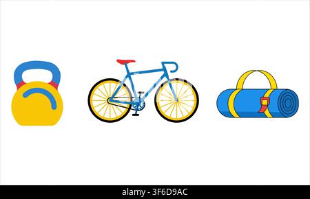 Fitness icons kettlebell bicycle yoga mat for sports health and active lifestyle promotion Vector set eps 10 Stock Vector