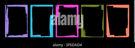 Colorful hand drawn collection brush vector frames. Outline photo grunge ink borders. Set vintage edge splash rectangle isolated on black background.  Stock Vector