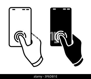 Linear icon. Smartphone user hand confirms login to personal account by scanning their fingerprint. Simple vector isolated on white background Stock Vector