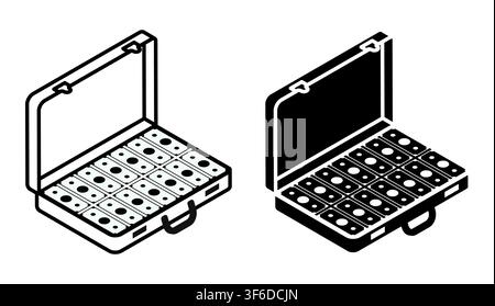 Linear isometric icon. Open leather suitcase filled to the brim with stacks of American dollars in cash. Simple vector isolated on white background Stock Vector