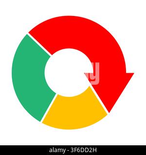 Multi colored ring shaped pie diagram with red arrow of downward trend chart points downwards. Simple flat vector isolated on white background Stock Vector