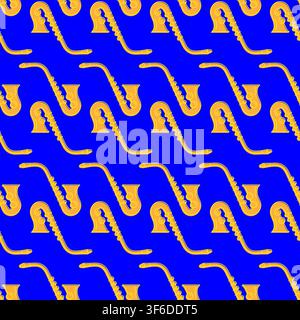 Seamless pattern with gold saxophones with keys. Ornament for printing on fabrics and gift paper. Vector on blue background Stock Vector