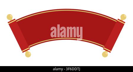 Red silk ribbon rolled into a parchment scroll curved into an arc shape for text or a congratulatory slogan. Festive vector isolated on white backgrou Stock Vector