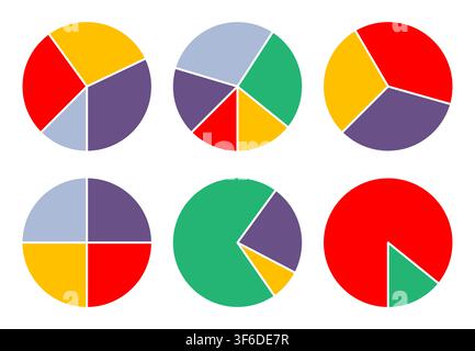 Set of multi colored pie charts, asset percentage charts. Simple flat vector set isolated on white background Stock Vector