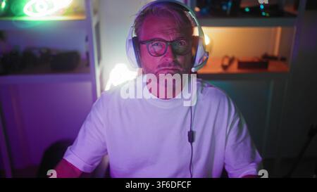 Man middle aged blonde wearing glasses and a headset moving hands over keyboard and controller while gaming at a desk in a neon lit streaming studio w Stock Photo