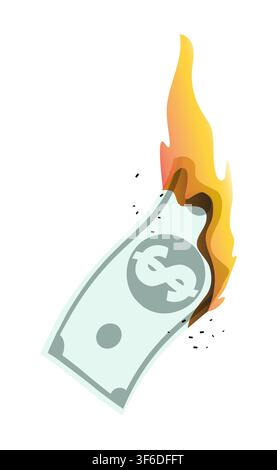 American paper dollar bill burns in the bright flames of inflation. Losses from high inflation and devaluation. Cartoon vector isolated on white backg Stock Vector