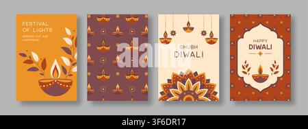 Vector set of Happy Diwali greeting banners with traditional oil diya lamps, leaves and mandalas. Festival of Lights invitation card template in warm Stock Vector