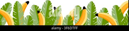 Banana leaves with banana vector background. Tropical plant palm leaves. Summer flat for invitation, poster, flyer, banner, card, cartoon illustration Stock Vector