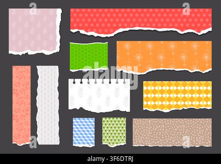 Collection of ripped notebook paper and scrapbook elements. Jagged torn paper edges. Set of ealistic strips torn edges and damaged border frames.  Stock Vector