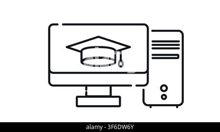 Desktop computer tower and monitor with graduation cap symbol on screen vector icon. Black line art style on white background. Stock Vector
