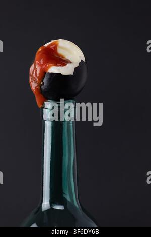 Dramatic surreal studio still life of a cracked black painted egg with orange yolk balanced on a wine bottle neck against a dark background. The crack Stock Photo