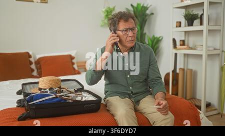 Man holding creditcard and talking on smartphone while packing a suitcase on bed in a building; travel planning concern. Stock Photo