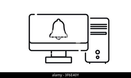 Desktop computer tower and monitor with notification bell symbol on screen vector icon. Black line art style on white background. Stock Vector