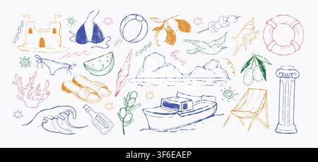 Hand drawn sketch color crayon coastal element. Mediterranean summer sea vacation doodle icon. Chalk art beach chair, lifebuoy, ocean waves, sandcastle, ancient greek column. Italian amalfi vector set Stock Vector