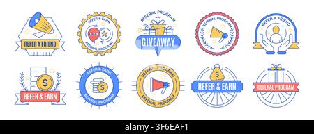 Refer a friend set of outline badges with megaphone, coins. Employee referral program stickers with loudspeaker, giveaway gift box, hand icons. Marketing labels for business, promotional advertising Stock Vector