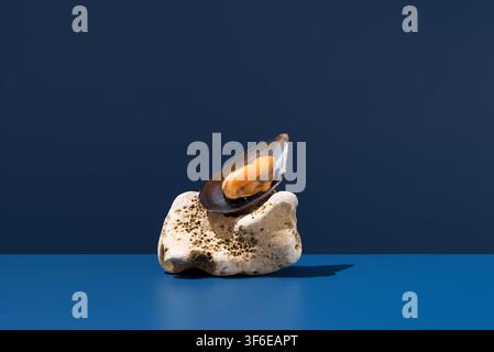 Single open mussel with orange flesh resting on a porous coral stone, photographed in dramatic sunlight against a deep blue background. Stock Photo