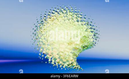 Abstract composition of luminous yellow cubes dispersing into a cloud-like form against a soft blue background, symbolizing digital transformation, da Stock Photo
