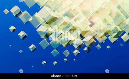 Abstract 3D composition of translucent yellow and blue cubes floating across a deep blue background, creating a geometric visual of technology, data, Stock Photo