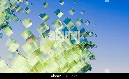 Abstract composition of translucent yellow and blue cubes floating and clustering against a clear blue background, creating a luminous geometric digit Stock Photo