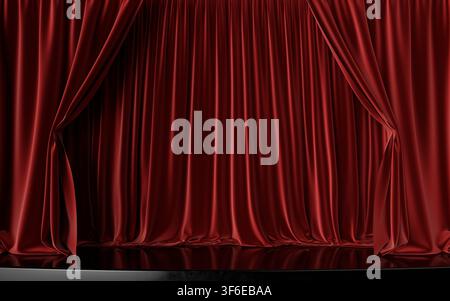 Rich red velvet curtains frame a closed theater stage with deep folds, dramatic shadows, and a glossy floor, creating an elegant backdrop for performa Stock Photo