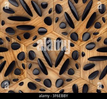 3D black gravel on wooden oak hexagon background. Material wood oak and black stone. High quality seamless realistic texture. Stock Photo