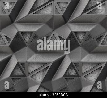 Abstract 3D architectural texture featuring black leather lattice panels with triangular cutouts arranged over a gray stucco surface, creating a moder Stock Photo