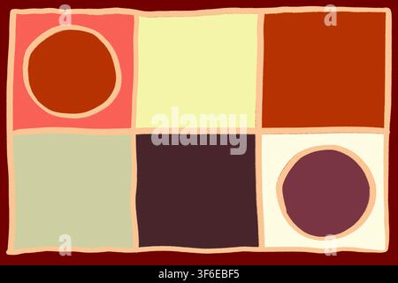 Abstract geometric composition featuring a hand-drawn grid of muted earthy color blocks, two outlined circles, and textured borders in a modern retro Stock Photo