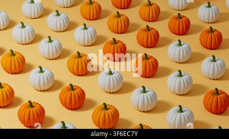 Orange and white pumpkins are scattered on a bright background. This scene shows elements of autumn and Halloween celebration. Stock Photo