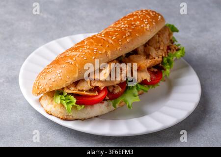 Turkish chicken doner kebab sandwich with fresh lettuce and tomatoes in a sesame bun Stock Photo