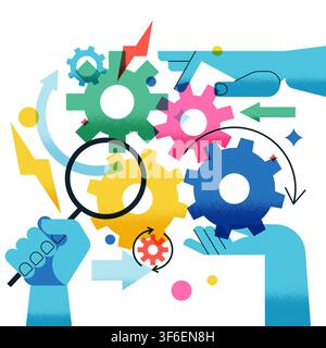 Vector illustration of hands connecting colorful mechanism gears. Abstract flat geometric concept for business teamwork, project cooperation, strategy Stock Vector