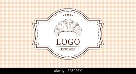 Hand drawn bakery label with croissant on gingham background for bakery packaging branding food product card and vintage design Stock Vector